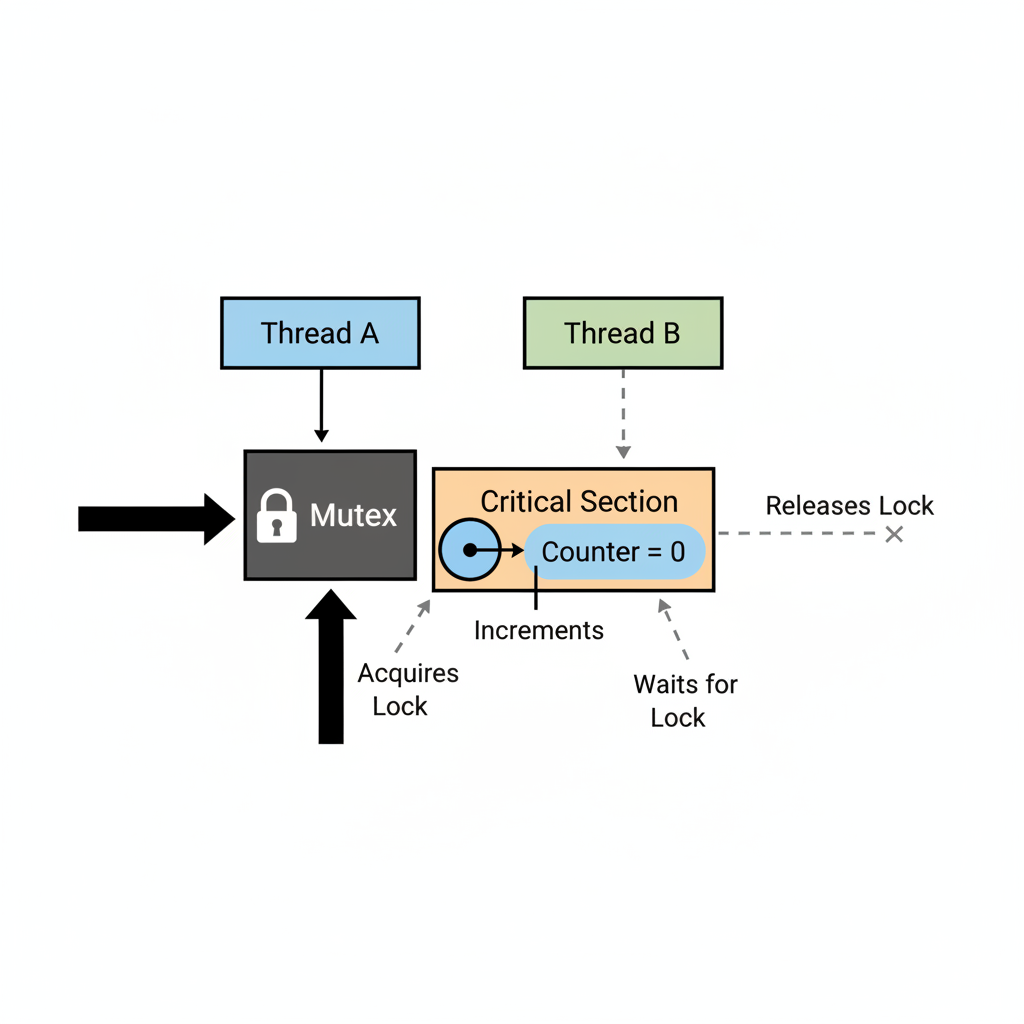 Diagram showing a mutex serializing access to a shared counter as two threads contend for the lock.