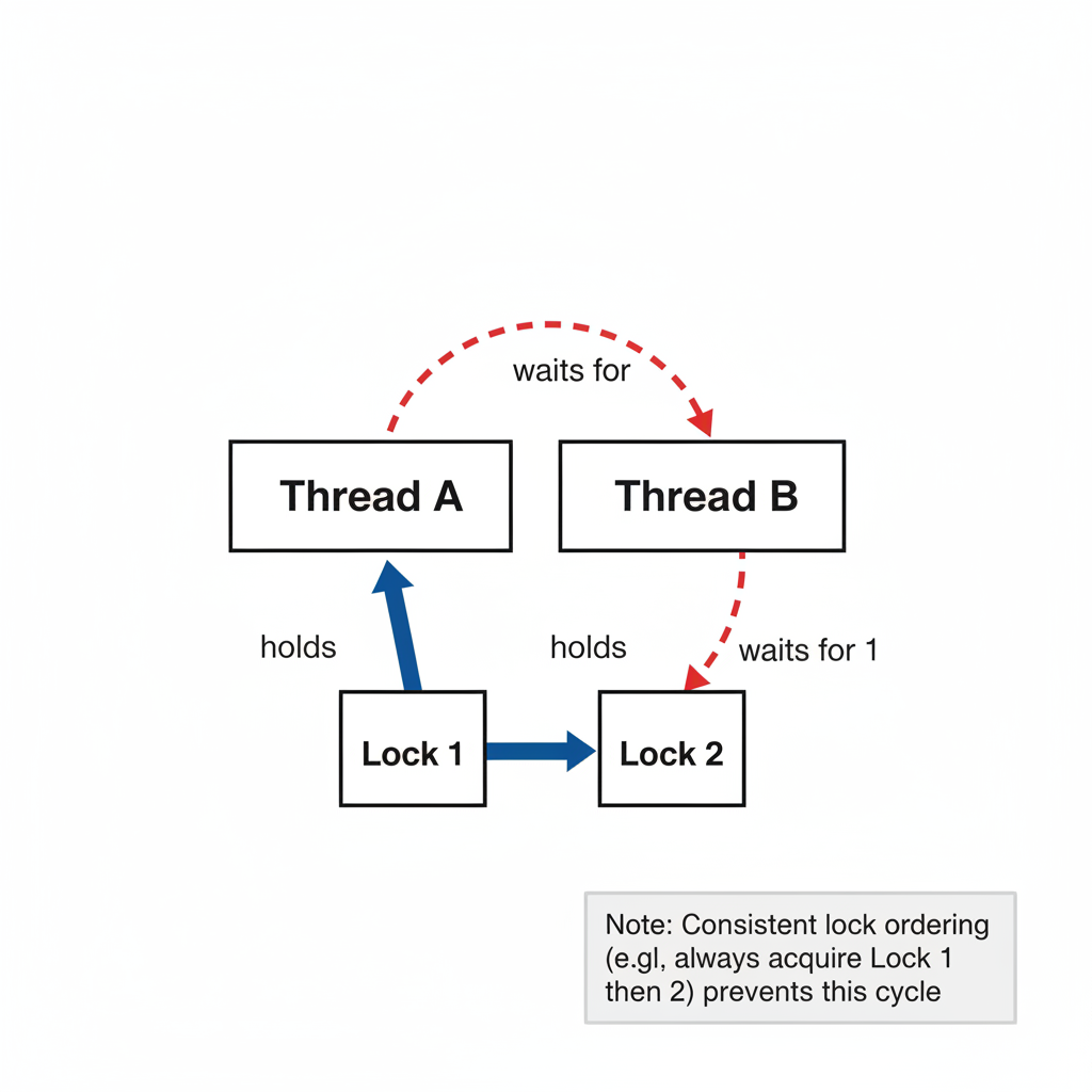 Deadlock cycle where two threads each hold one mutex and wait for the other.