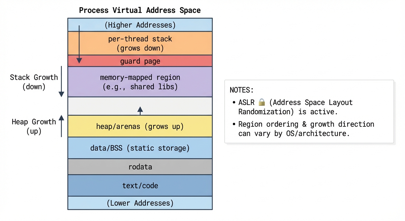 Illustrative diagram of typical process memory regions (code, rodata, static data, heap arenas, mapped memory, and thread stack).