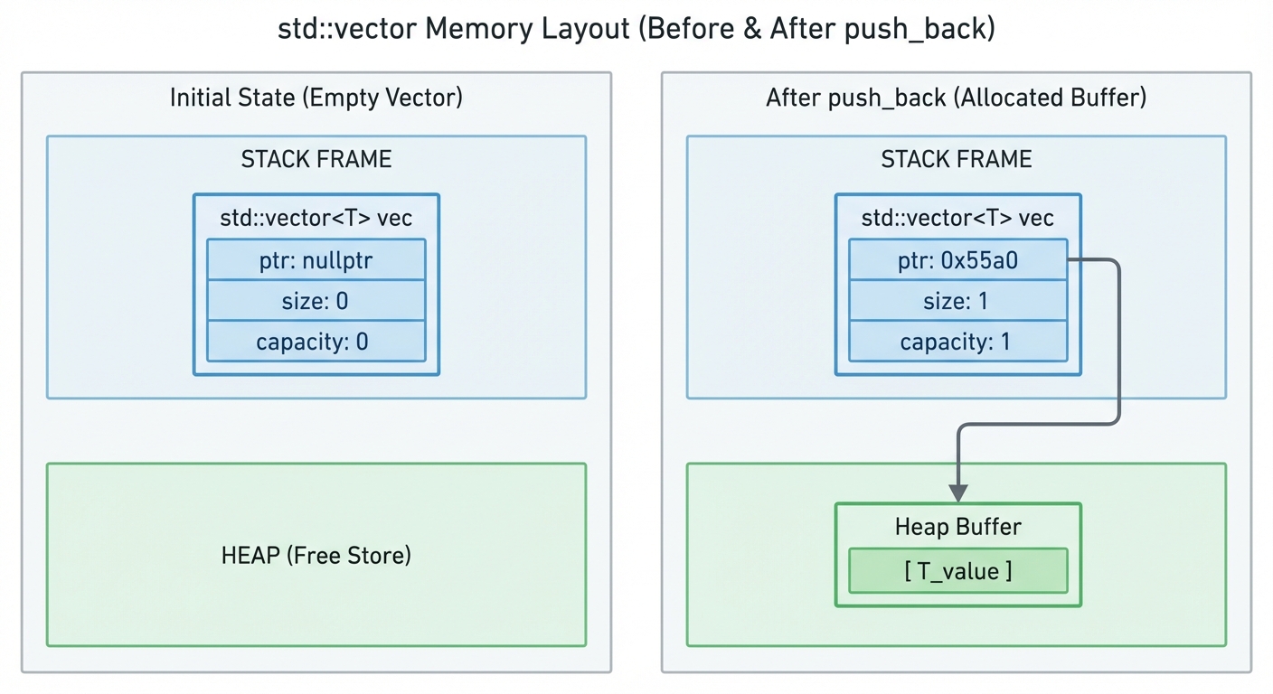 Vector object stored separately from its dynamically allocated element buffer.