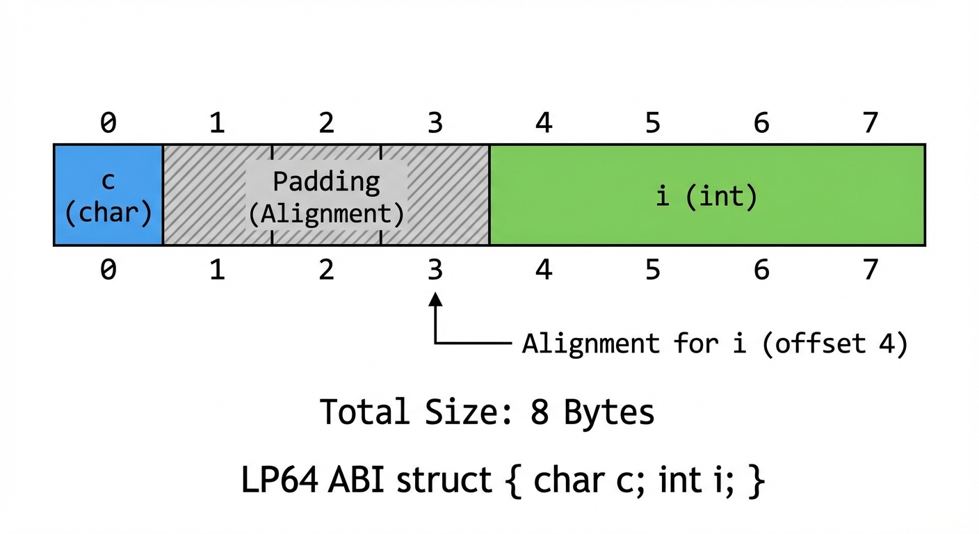Struct member padding and alignment example for a char followed by an int.