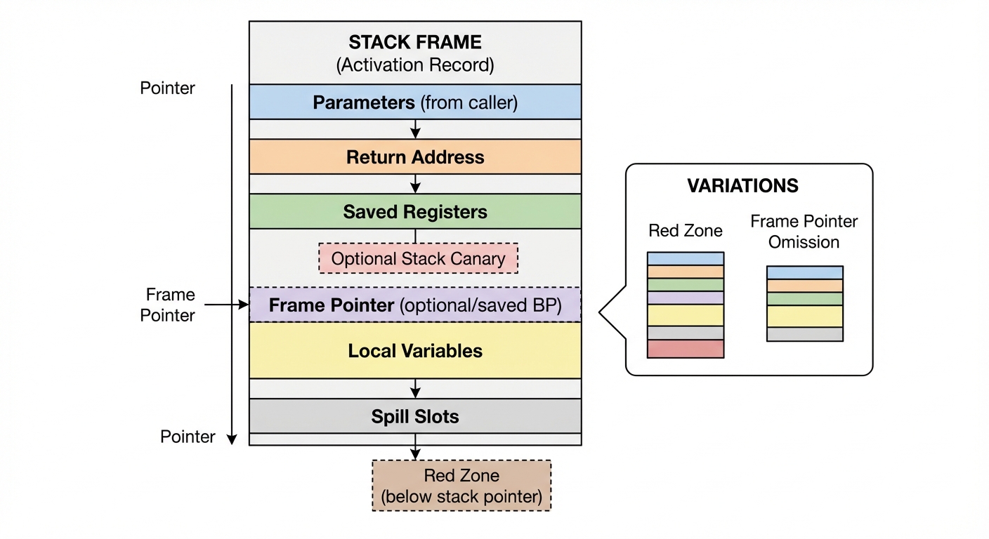 Typical contents of a function stack frame with common variations like canaries and red zones.