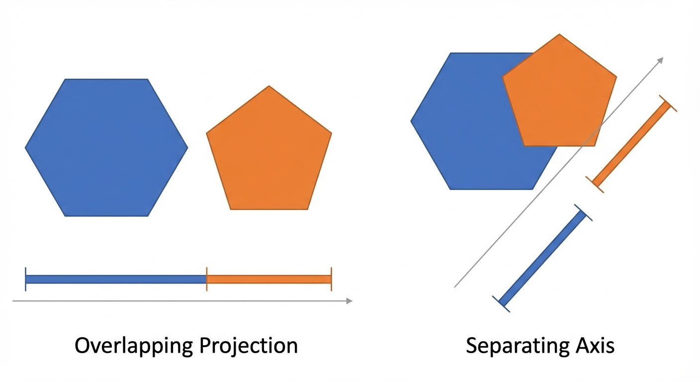 Separating Axis Theorem projection intervals showing a separating axis with a gap.