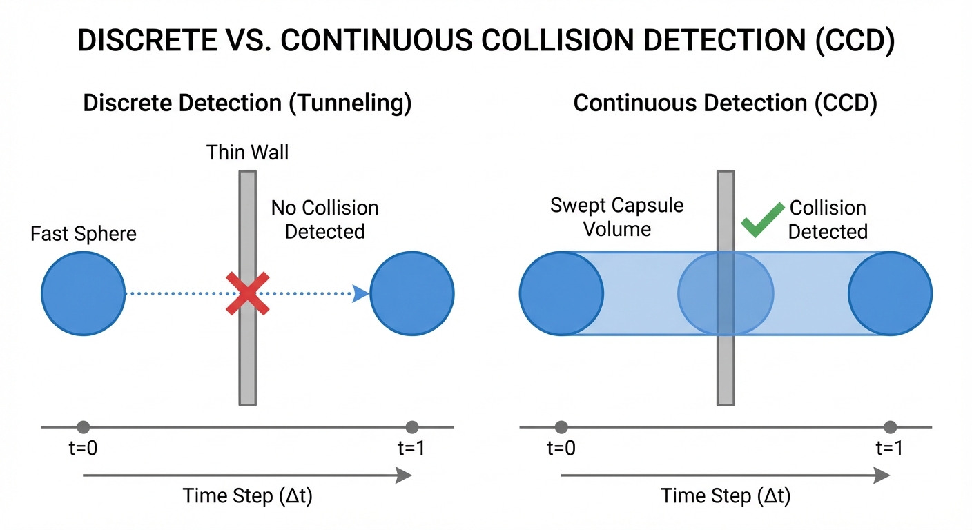 CCD example showing tunneling in discrete detection and swept volume catching the collision.
