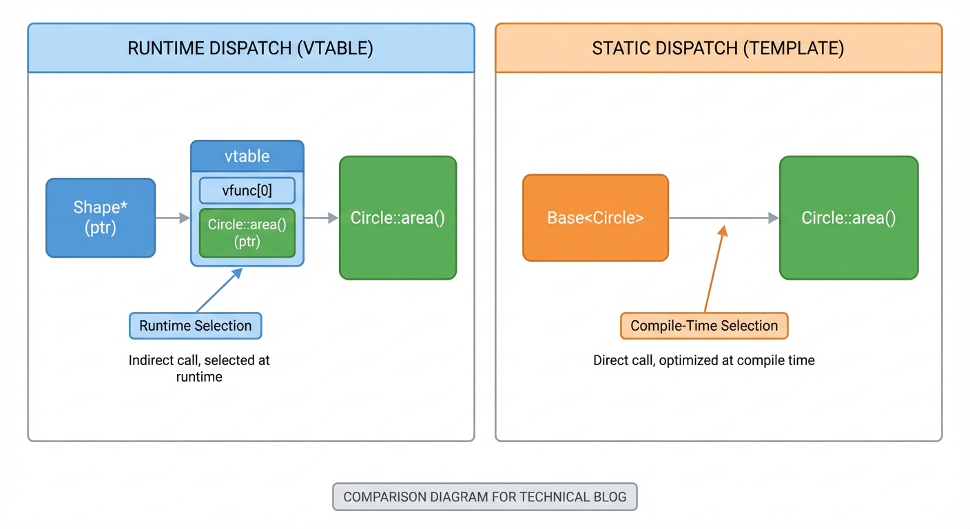 Comparison of runtime vtable dispatch versus compile-time static dispatch in CRTP.