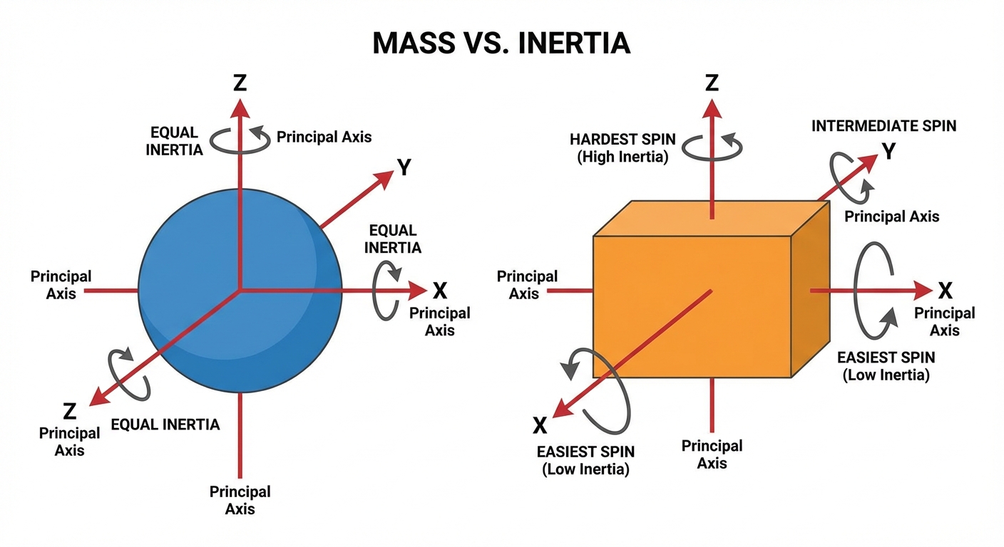 Sphere vs box illustrating how inertia differs by axis