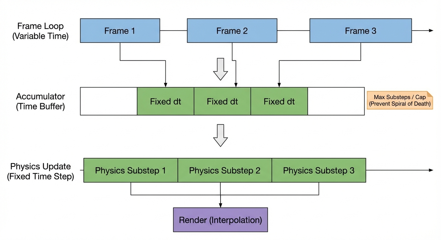 Fixed timestep accumulator stepping multiple substeps per frame
