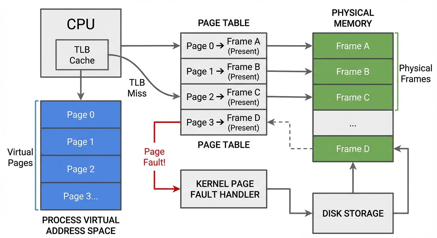 Virtual pages mapped via page tables and TLB to physical frames, with a page fault path.