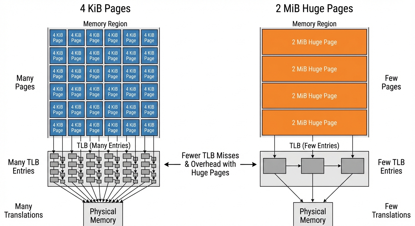 Comparison of 4 KiB pages versus 2 MiB huge pages and their effect on TLB entries.