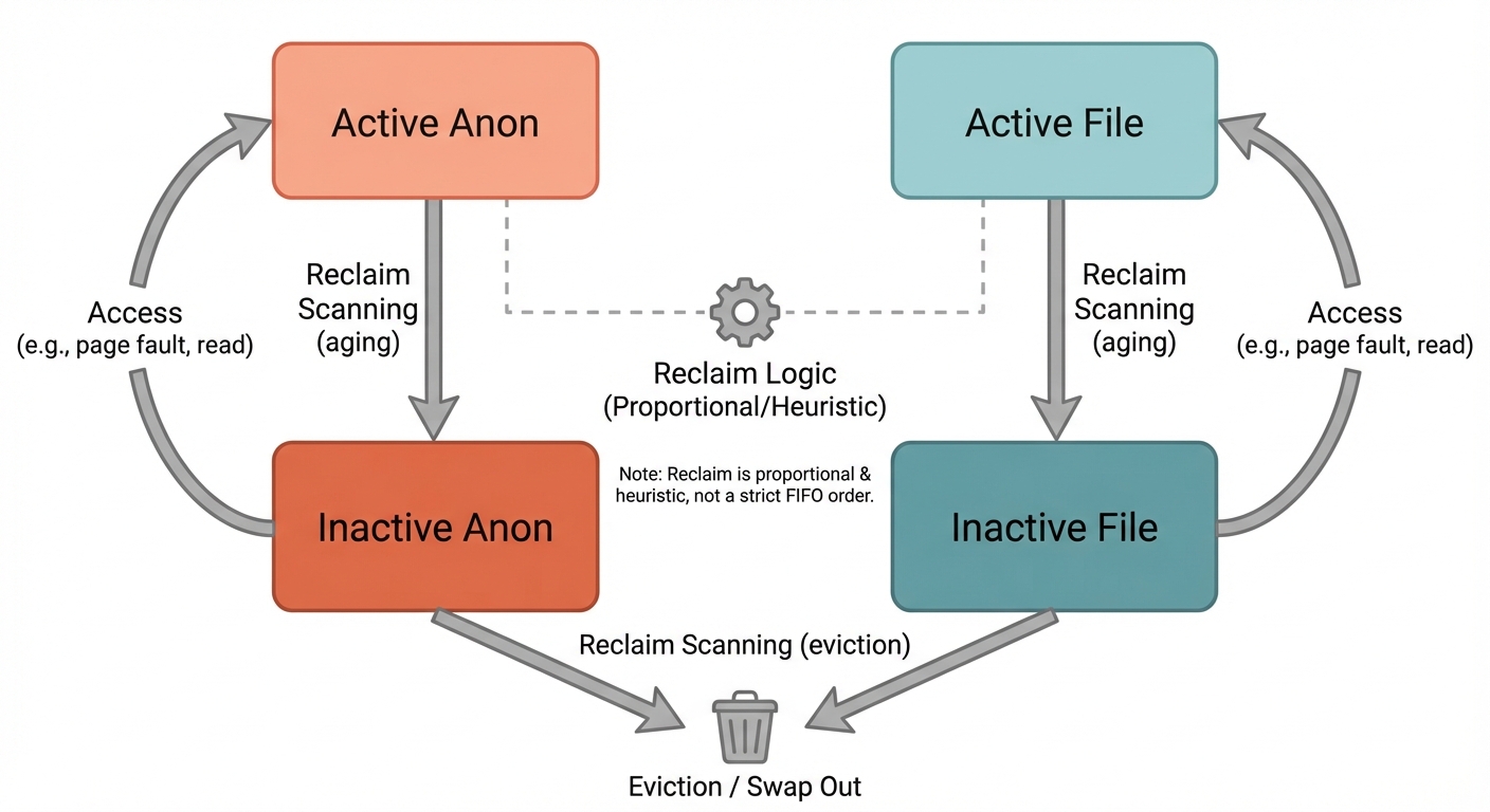 Active/inactive LRU lists split by anonymous and file-backed pages, showing reclaim targeting inactive lists.