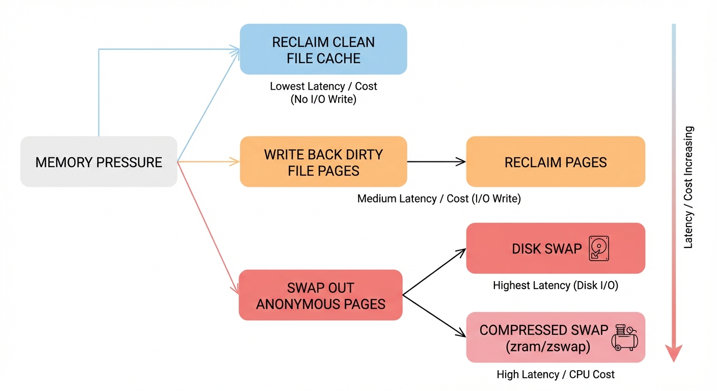 Reclaim flow showing dropping clean cache, writing back dirty pages, and swapping anonymous pages.