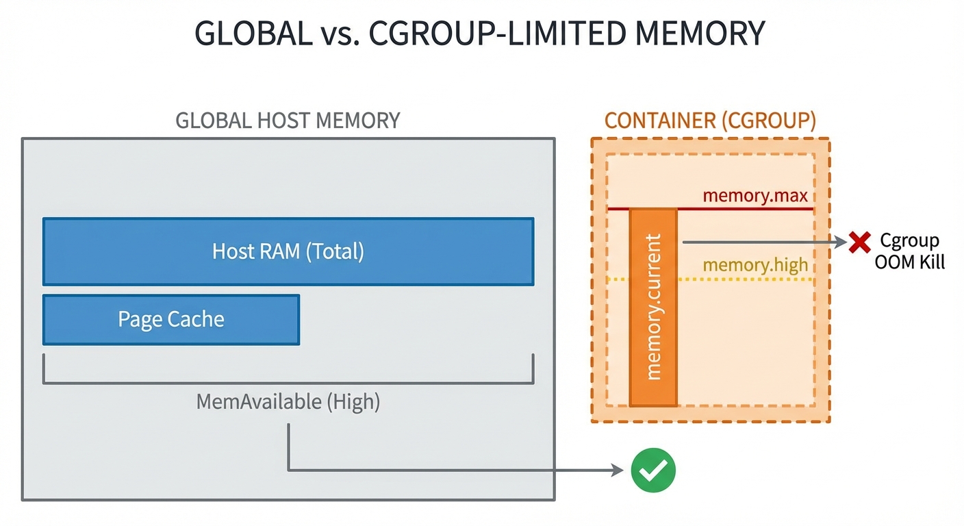Global versus cgroup memory limits showing container OOM despite host available memory.