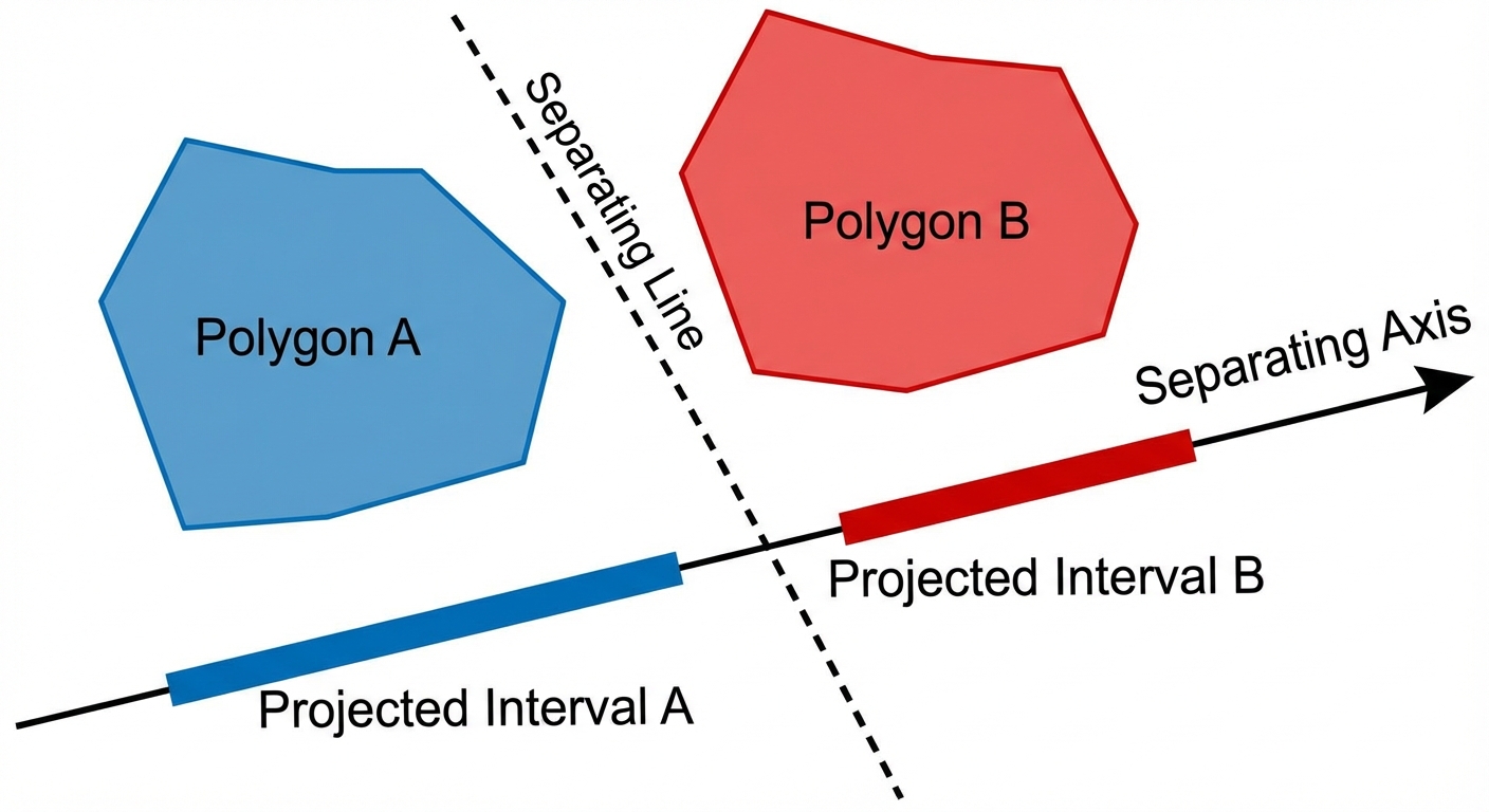 Two convex polygons separated by a line; projections onto the line normal do not overlap.