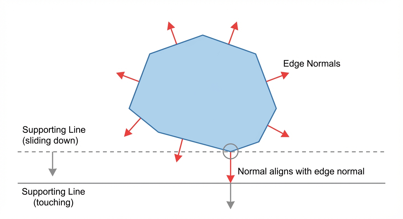 Supporting line touching a polygon feature, motivating testing edge normals from both polygons.