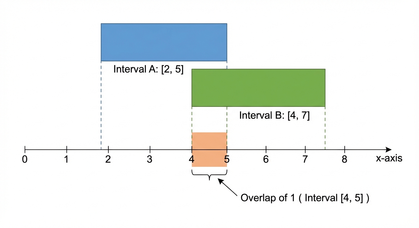 Two intervals on a number line with a highlighted overlap region of length 1.