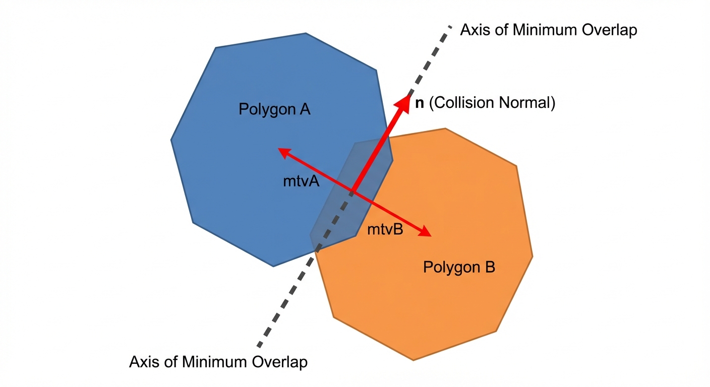 Overlapping polygons with collision normal and minimum translation vectors displayed.
